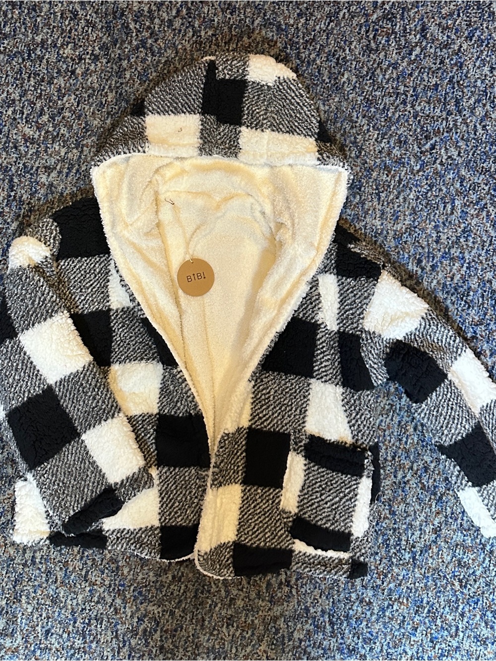BiBi Black & White Buffalo Plaid Sherpa lined Hooded Open Front Sweatshirt